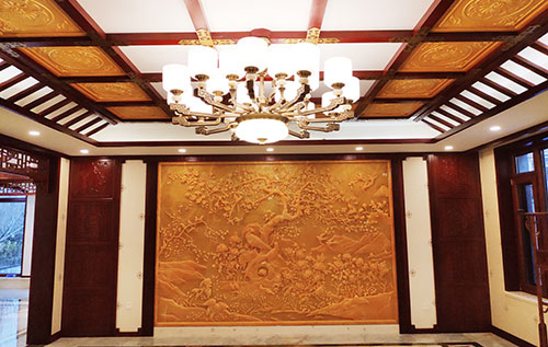 甘肃中式别墅客厅中式木作横梁吊顶装饰展示